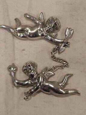 Vintage Beaucraft Sterling Silver Double Cherub Angel Sweater Guard Brooch